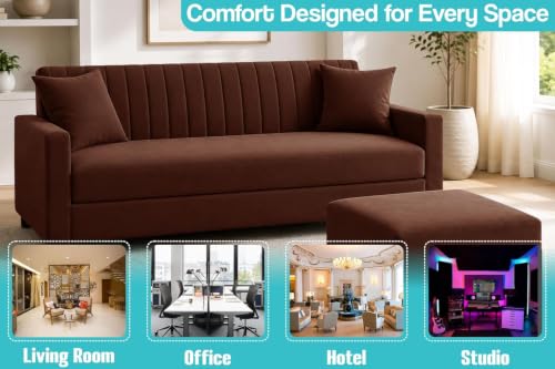 Image of Urban Decor 3 Seater Wooden Sofa Set with Matching Ottoman, Modern Channel Tufted Velvet Fabric Couch for Living Room-Brown