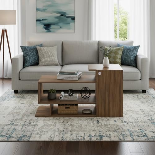 Image of FURNEASER Modern Engineered Wood Coffee Table with Storage Shelves | Center Table for Living Room & Sofa Area | Multi Level Open Rack Design | DIY Furniture (Exotic Teak)