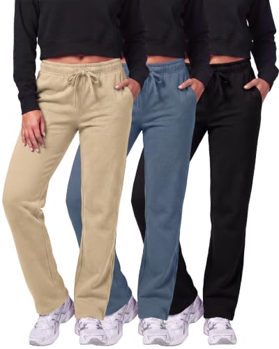 Image of Real Essentials 3 Pack: Women's Relaxed Fit Fleece Open Bottom Sweatpants - Casual Athleisure (Available in Plus)