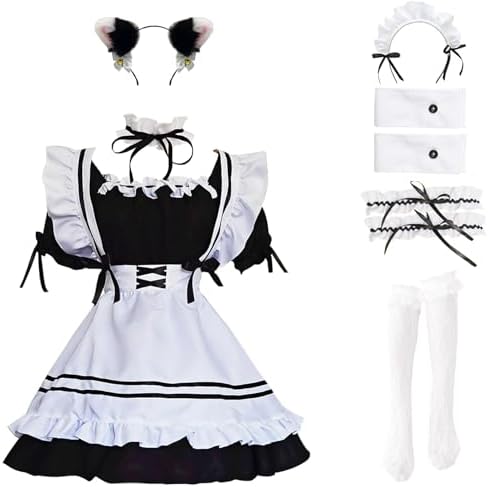 Maid Outfit Anime Cosplay Lolita Maid Dress French Maid Costume Plush cat ear Socks set