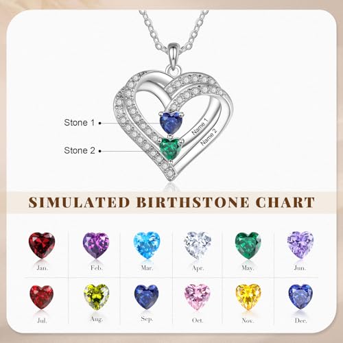 Love Jewelry Personalized Heart Necklace for Women,Engraved Names Pendant for Mother with Birthstones Relationship Promise Necklace for Her2