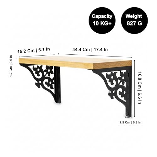 Image of Wall Shelf with Wooden Top Black|White Iron Brackets Storage Rack|Industrial Wall-Mounted Floating Shelf for Living Room,Kitchen,Bathroom (Black Triple Floral Small)