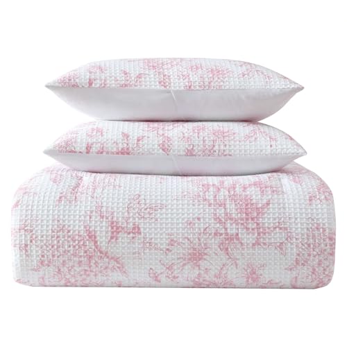 Image of Laura Ashley - Comforter Set, Soft Poly Waffle Textured Bedding with Matching Shams, Delicate Floral Design (Delphine Pastel Pink, Full /Queen)