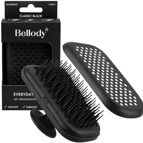 Bellody® Everyday Brush, funzione di pulizia brevettata, pulizia in pochi secondi, pettinatura igienica e massaggio per il cuoio capelluto, formato tascabile (spazzola compatta di colore nero opaco)