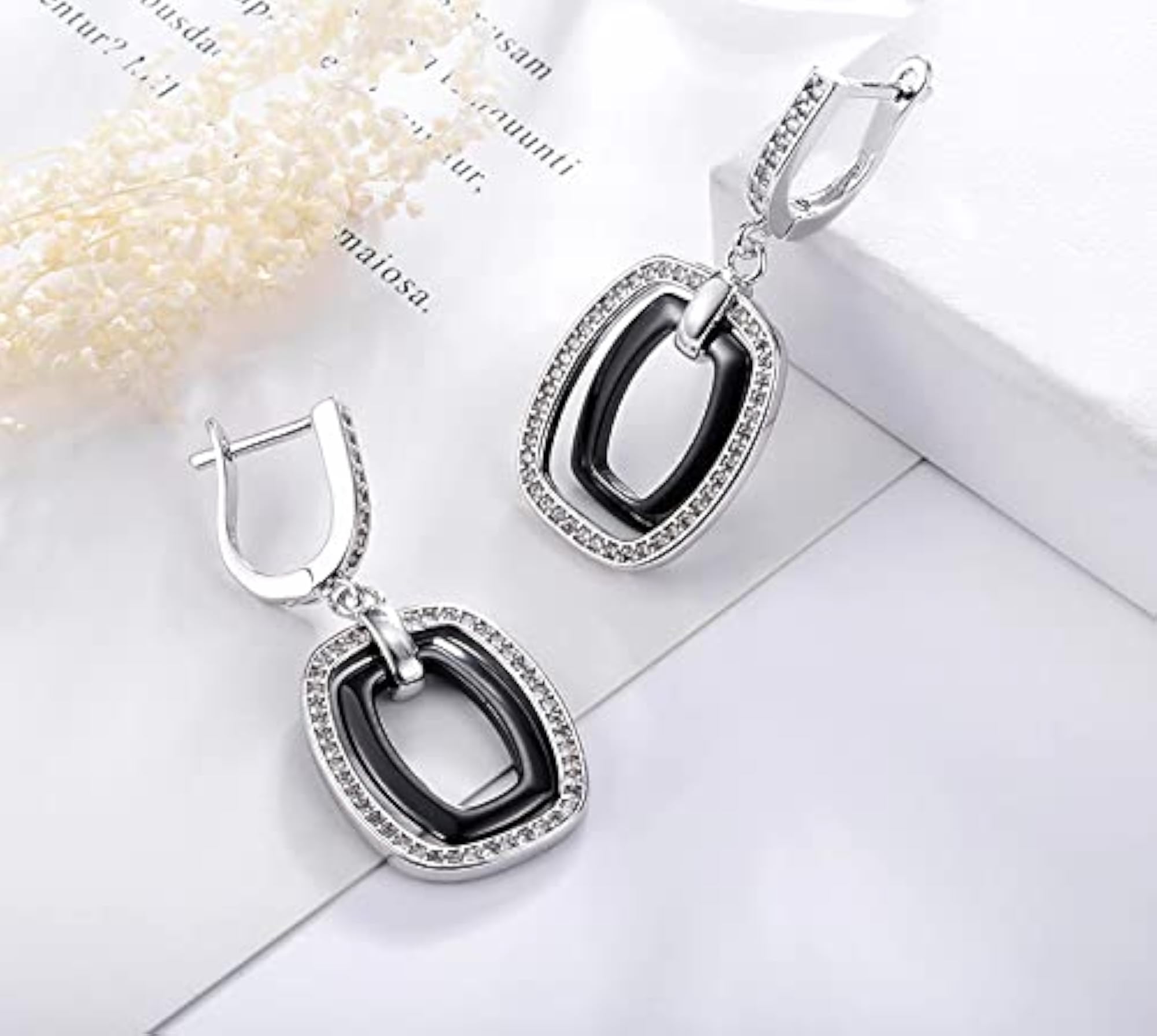Geometric Drop Earrings, Sparkly CZ & Ceramic Dangle Rectangular Stud Earrings