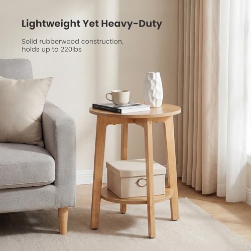 DUMOS Small Round Side Tables for Small Spaces, 2-Tier Boho End Table with Storage Shelf, Sturdy Simple Trending Bedside Nightstand with Non-Slip Pads for Living Room, Bedroom, Wood by DUMOS - Image 3