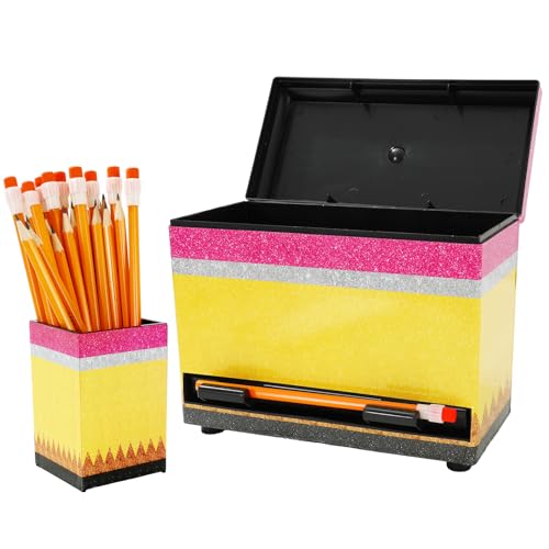 JarThenaAMCS Pencil Dispenser for Classroom Back to School Yellow Pink Pencil Holder with Lid Pen Storage Container Box for Teacher Student Desk Organization Supplies