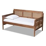 BOWERY HILL Traditional Wood Daybed, Solid Rubberwood and Synthetic Rattan, Ash Brown Finish, Woven Detailing, Vintage French-Inspired Design, Spade Feet, Living Room or Guestroom Furniture