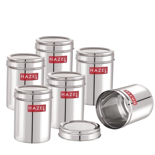 Image of HAZEL Stainless Steel Kitchen Container with Transparent Lid | Top See Through Kitchen Container Set with Matt Finish | Multipurpose Container for Kitchen Storage, 900 ML, Set of 6