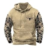 PORCLAY Men's Western Aztec Hoodie Cowboy Bull Skull Print Hooded Sweatshirt for Men Fashion Country Tribal Oversized Pullover Shirts with Pocket Khaki Brown Medium