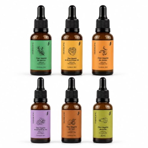 Kit com seis frascos de óleos vegetais Dermopac de 30ml cada, incluindo Alecrim, Rícino, Jojoba, Semente de Uva, Ojon e Amla, todos com aplicador conta-gotas.