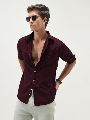 Image of Urbano Fashion Men's Cotton Full Sleeve Regular Fit Casual Solid Slub Shirt with Spread Collar