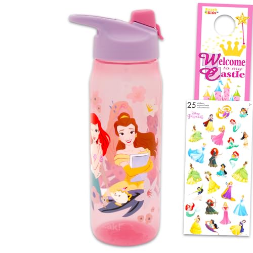 Disney Princess Water Bottle Bundle - School Supplies Set with 20 Oz Drinking Cup Featuring Ariel, Belle, Rapunzel Plus Stickers, More Princess Reusable Water Bottle Set