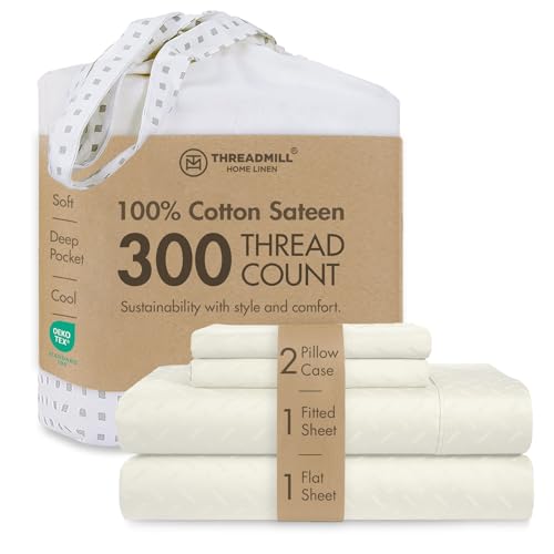Image of Threadmill 300 Thread Count Cotton Full Sheet Set, Sateen, Jacquard, Ivory | 100% Cotton, Sateen Weave, Jacquard Pattern, 4-Piece Set, 16 inch Deep Pocket, Cooling, OEKO-TEX Certified, Machine Washable