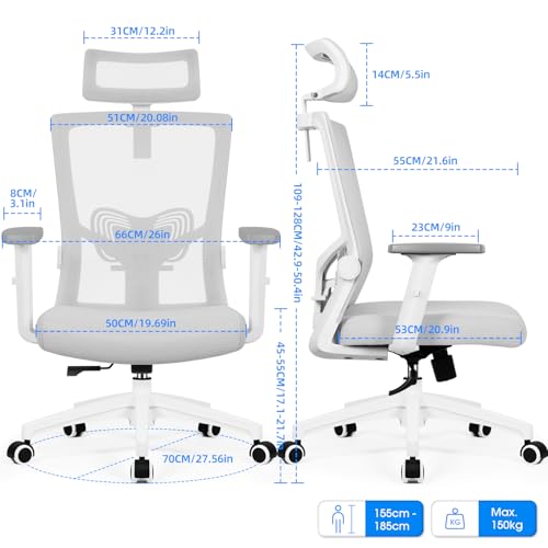 Daccormax Bürostuhl, Bürostuhl Ergonomisch mit Einstellbarer Kopfstütze, Lendenwirbelstütze und Armlehnen Schreibtischstuhl Drehstuhl… – Ansicht 6