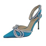 Minetom Stiletto High Heels Damen Pumps Spitz Strass Bowknot Party Sandalen Schnalle Schuhe Geschlossen Abendschuhe Sommerschuhe A Blau 39 EU