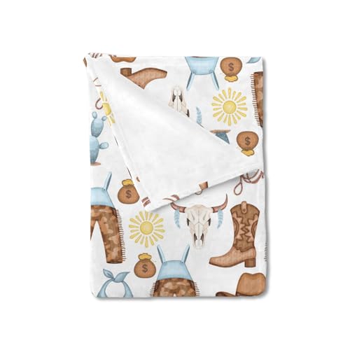 Image of Baby Western Cowboy Blue Blankets for Boy Desert Cowboy Hat Boot Sun Cactus Swaddle Blankets Soft Receiving Blanket Newborn Nursery Stroller Crib Bedding Blanket Infant Unisex 30x40