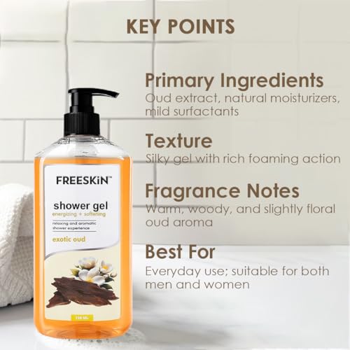Image of Freeskin Exotic Oud Shower Gel-750ml - Luxurious Body Wash Infused with Rich Oud Essence for Deep Cleansing, Long-Lasting Fragrance, and Nourished Skin - Suitable for All Skin Types - Paraben & Sulfate Free