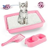 PAWISE Small Cat Litter Box Kit for Kittens – 5‑Piece Kit with Low Entry Litter Pan, Scooper, Feeding Bowls & Mouse Toy – Cat Starter Set for New Kitty Home, Pink