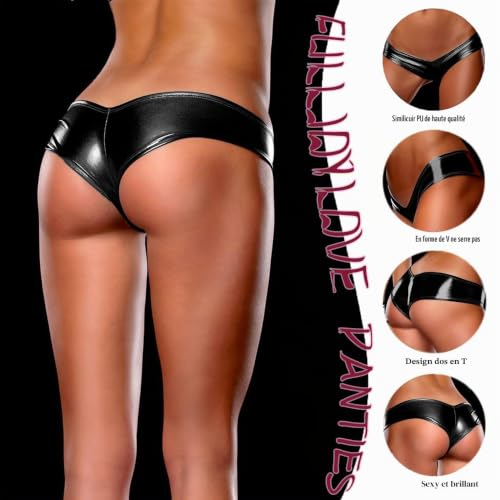 FULLJOYLOVE Femmes Wet Look Strings Sexy PU Cuir String Micro Mini Bikini Culotte sous-vêtements Une Pièce Dames Grandes Tailles Érotique Wetlook Culotte Hipster Slip sous-Vêtements Noir – vue 5