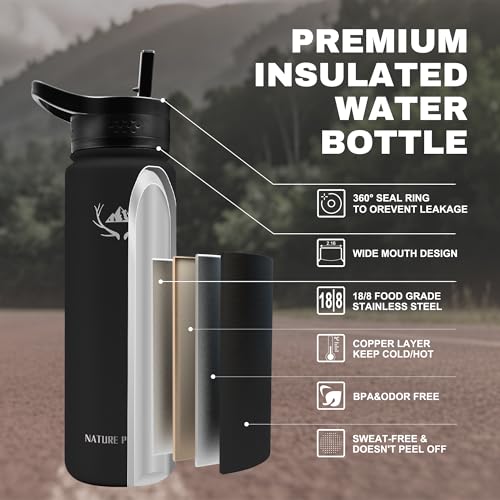 Image of NATURE PIONEOR 24 oz Insulated Water Bottle with Carrier Bag & 3 Lids