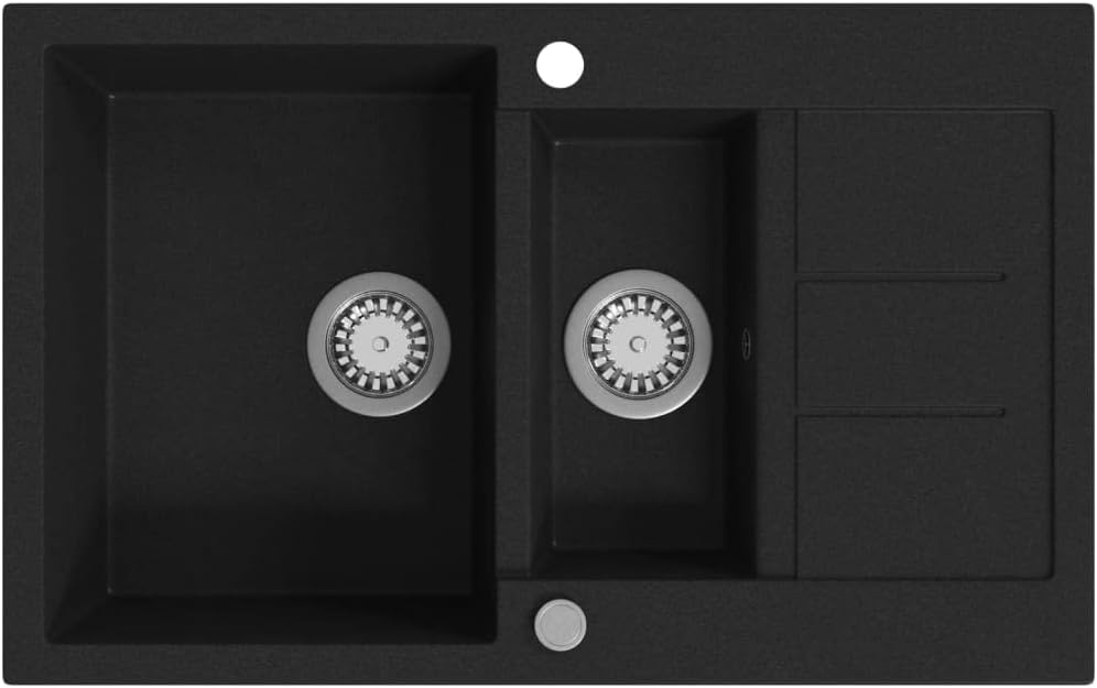 vidaXL Double Basin Granite Composite Kitchen Sink - Black Overmount with Basket Strainer, Reversible, Scratch/Heat 800x500mm
