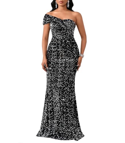 Image of Cololura Women Sexy Sequin One Shoulder Mermaid Formal Party Cocktail Gowns Bodycon Evening Maxi Dress