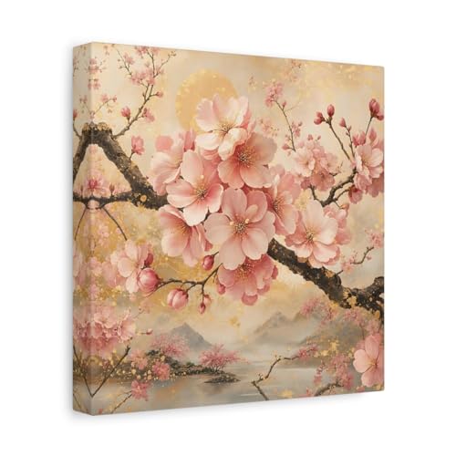 Toile Cerisier en Fleurs Rose et Or pour Décoration Éthérée au-dessus du Canapé