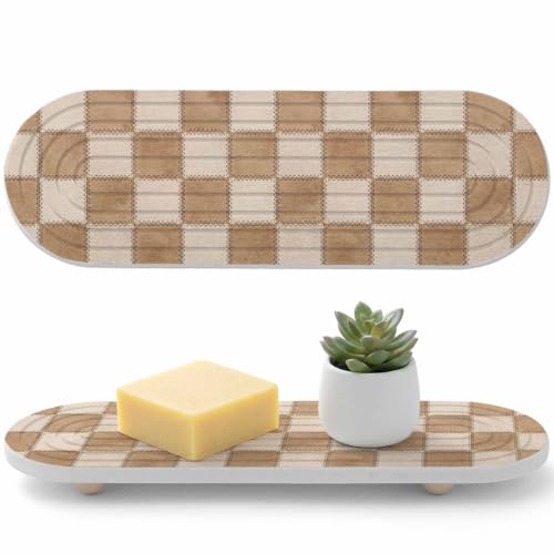Water Absorbing Stone Drying Tray for Bathroom Sink 2 Pack Brown Linen Texture Diatomite Quick Dry Stone Mat with Wooden Feet Bohemian Patchwork Checkerboard Drying Mat for Kitchen Counter 12"x4"