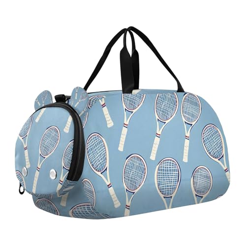 Travel Duffle Bag for Kids Boys Girls Tennis Racket Blue Sports Bag Overnighter Duffle Sleepover Weekender with Shoes Compartment