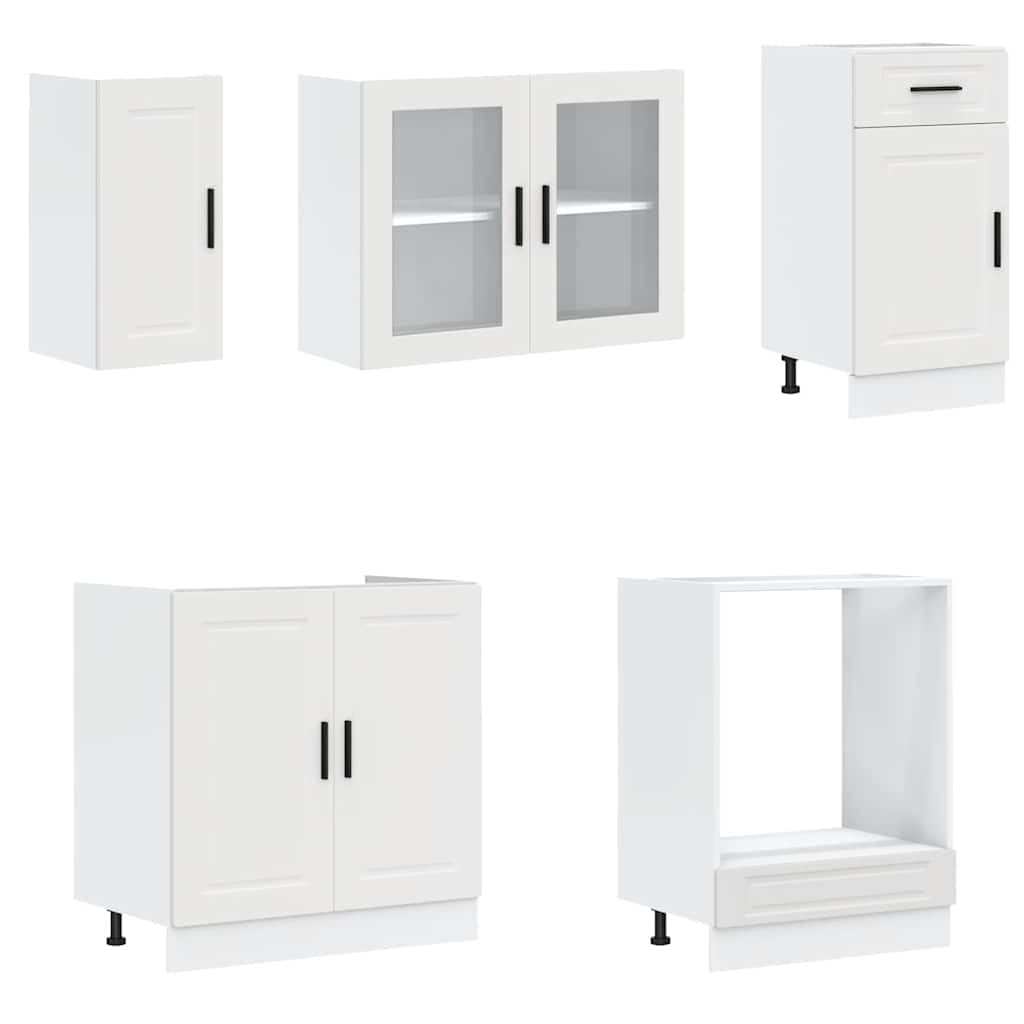 Set di 8 mobili da cucina Porto bianco, elegante cucina in legno, cucina da incasso modulare con mobiletto sottolavello, armadietto dispensa, armadietto in vetro e pensili