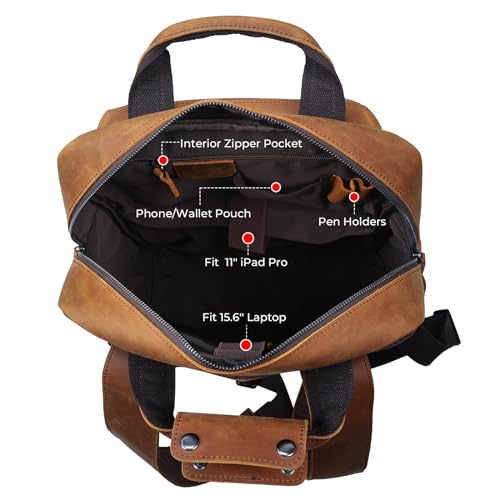 Cowhide Leather Multi Pockets 16 Inch Laptop Backpack Day Pack Travel Bag (Light Brown(Updated Version))4