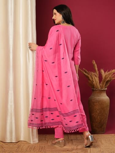 Image of GoSriKi Women's Rayon Blend Solid Straight Kurta with Pant & Dupatta