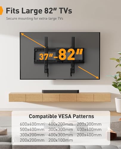 Perlegear TV Wandhalterung, Neigbare Fernseher Halterung für 37-82 Zoll Flach & Curved LED/LCD/OLED/Plasma Fernseher, Max VESA 600 x 400 mm, 60 kg Kapazität, mit verstellbaren Zugschnüren – Bild 3