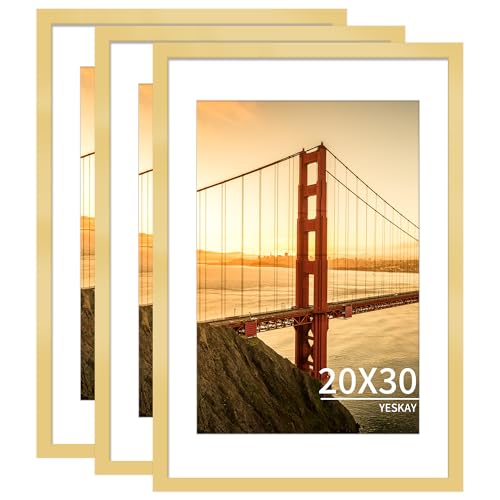 YESKAY 20x30 Picture Frame Gold Set of 3 Display Pictures 16x24 with Mat or 20 x 30 Without Mat Poster Frames 20x30 for Wall Hanging Horizontal and Vertical