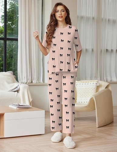 Image of Ekouaer Lounge Sets for Women Short Sleeve Tops and Long Pants Soft Comfy Pajamas Set 2 Piece Outfits
