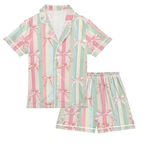 Pink Bows Stripes Pajamas Set Summer Button Down Sleepwear Pjs Sets Comfy Loungewear