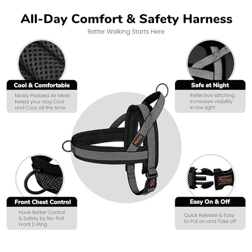 Image of Didog No Pull Dog Harness for Medium Dogs, Breathable Mesh Padded, Black,M