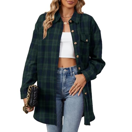 OUSIMEN Damen Karierte Bluse Langarm Button-down Knopfleiste Karohemd Casual Long Tunika Oberteile Shirt