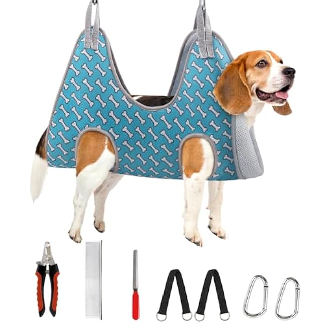 Supet Dog Grooming Hammock Harness for Dogs Cats, Relaxation Pet Nail Clipper Hammock, Restraint Dog & Large Animal Leashes Sling for Groomingk for Nail Trimming (Coral Blue, L)-XCIFckJP