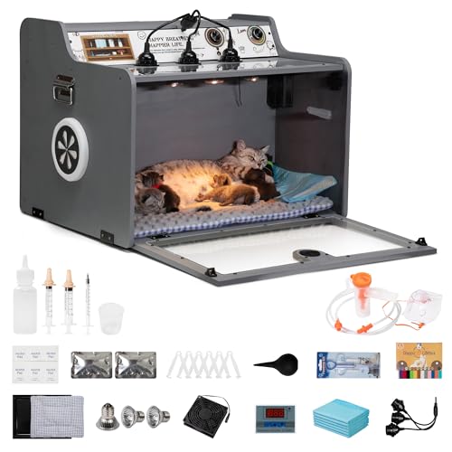 Puppy Incubator with Thermostat HeatingFan Incubator for Puppies and Kittens Built-In Storage Compartment Removable Tray Quiet Ventilation Humidity Monitor Temp Control for Newborn Pets (115L)