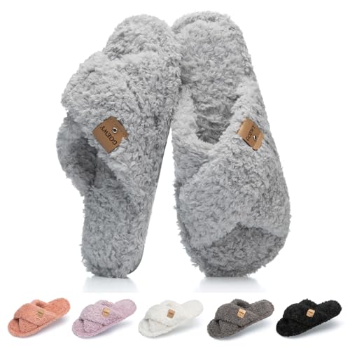 Image of GOEWY Fuzzy Open Toe Slippers for Women Cozy Memory Foam House Shoes Indoor | Cute Cross Band,Soft Faux Fur,Anti-slip Sole Outdoor,Machine-washable,Lightweight,Slip on Gifts for Women,Mom and Bridesmaid