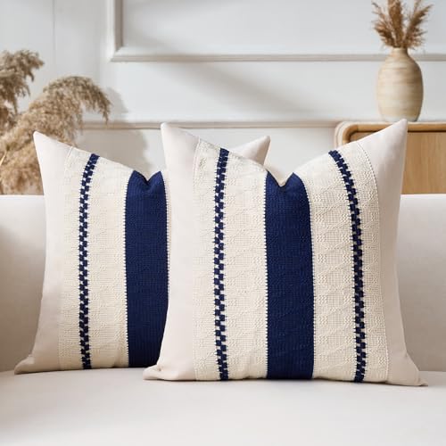 Aisybaklyn Boho Funda Cojin Azul 45x45 cm Algodón Lino Raya Textura Tejida Fundas Cojines 2 Piezas Moderno Raya Cojín Sofa para Bohemia Campo Decoracion Sala de Estar Sofás Dormitorio