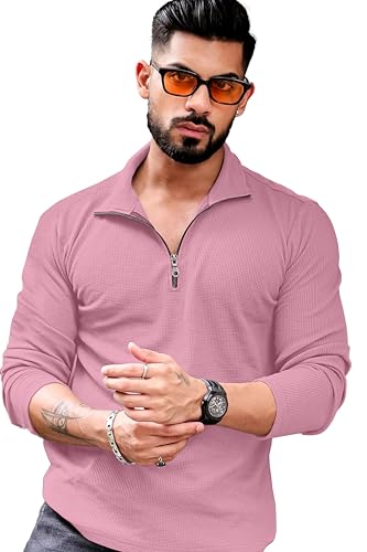 KAJARU Men’s Polyester Blend T Shirt with Spread Collar Neck Line Zipper Closure Full Sleeves Solid Pattern Regular Fit and Standard Length