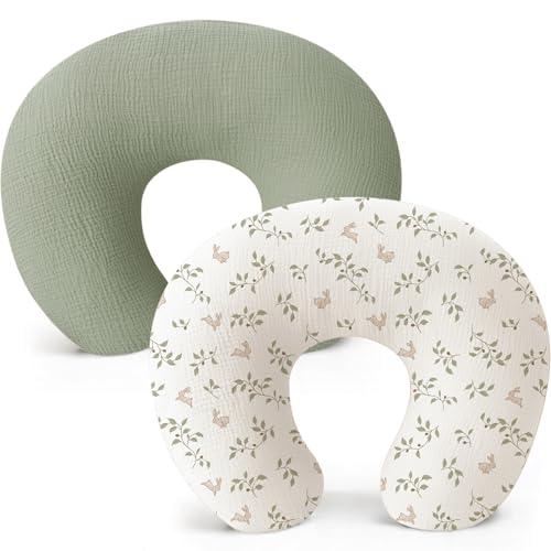 Image of Konssy Muslin Nursing Pillow Covers, Soft and Cute Nursing Covers for Breastfeeding Pillows, Ideal for Newborn Baby Boys and Girls (Fog Green, Sprout) - 2 Pack