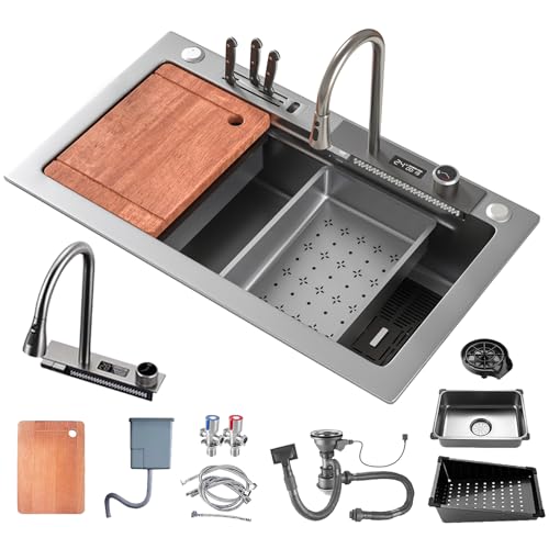 DSMRLEOP Grand bol simple évier de cuisine 1 bac en acier inoxydable 304 - Ensemble cascade - Évier de ferme - Évier simple - Avec affichage numérique - Robinet extensible - 13 pièces (80 x 46 cm)