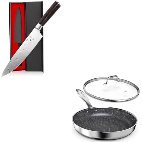 imarku 12" Non Stick Frying Pans Stainless Steel with Lid and 8 Inch Japanese Chef Knife Sharp Kitchen Knife