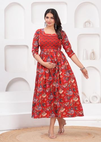 Image of Women Feeding Kurti for Women Cotton Maternity Kurta with Nursing Zip for Pre & Post Pregnancy