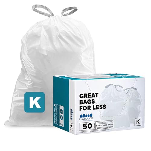 Plasticplace Custom Fit Trash Bags, Compatible with simplehuman Code K (50 Count) White Drawstring Garbage Liners 10 Gallon / 38 Liters 24