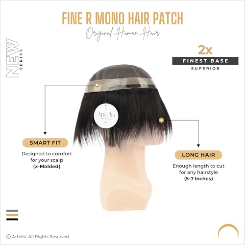 Image of Artello FINE R MONO Smart Hair Patch for Men, Silky Hair Wig in 100% Natural Human Hair, Dual Shade Apollo PU for Indian Skins, 2x Finest Base (Colour: Natural Black) (7x5)